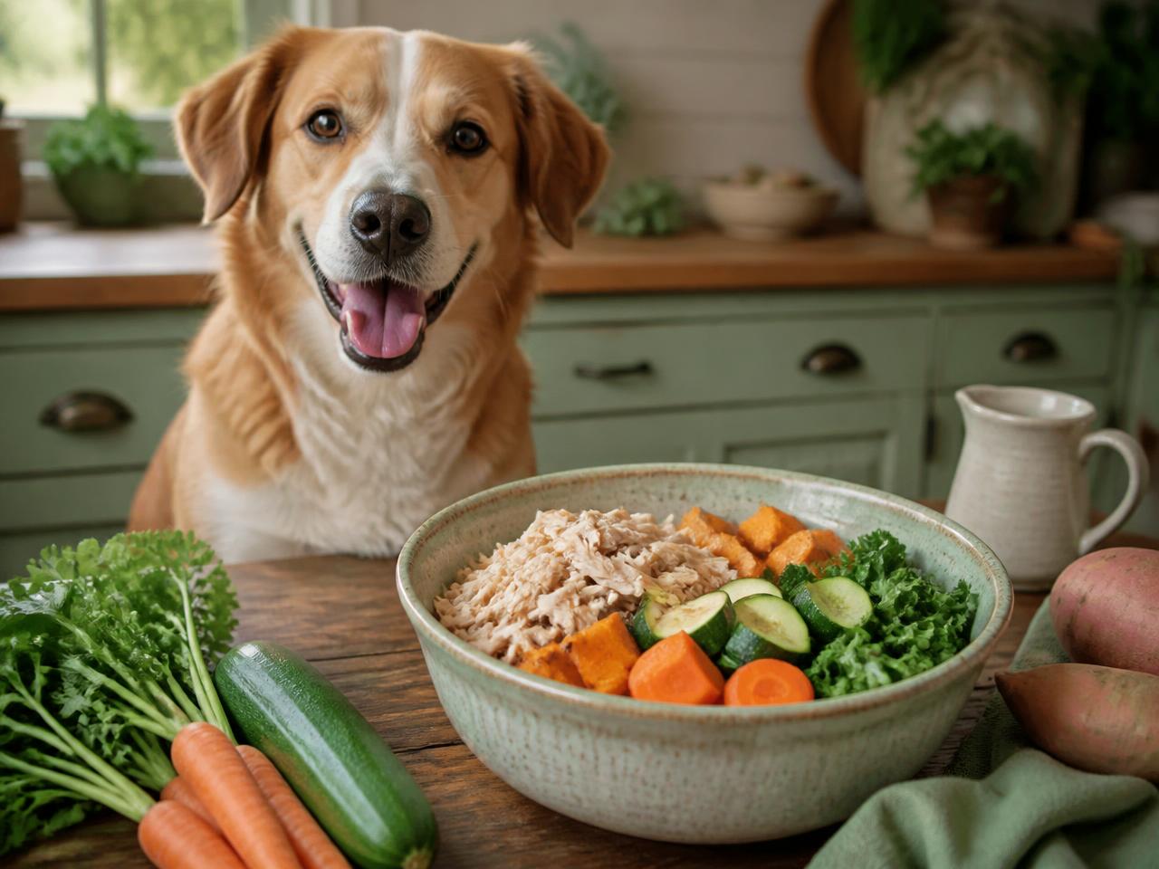 Cão feliz ao lado de tigela com comida natural fresca